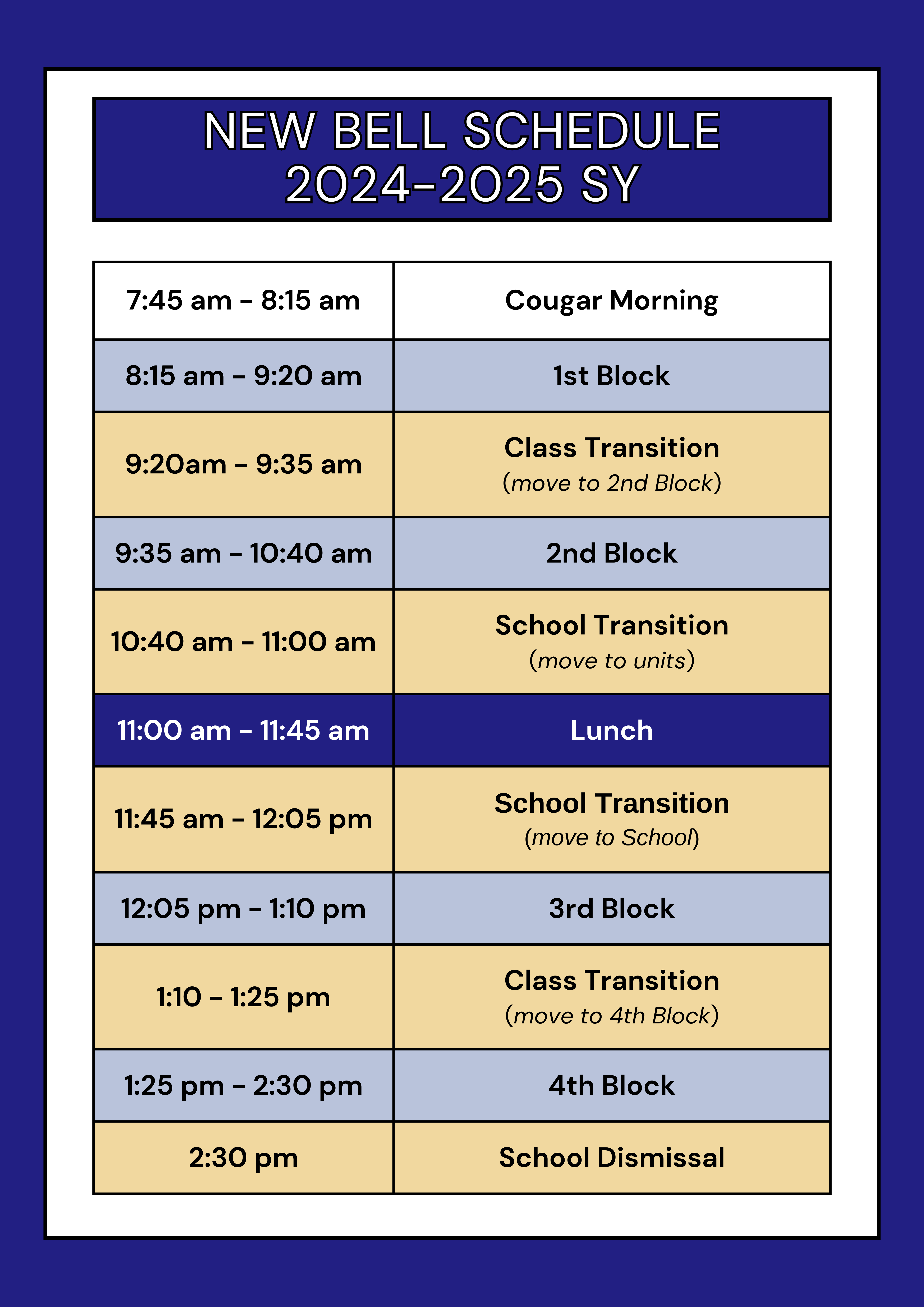 YBMHS Bell Schedule 2024-25